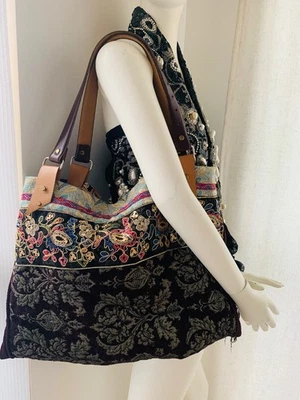 Bolso de hombro de terciopelo vintage de encaje hecho a mano con asa de cuero boho púrpura profundo  Foto 1 de 4
