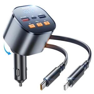 Bluetooth 5.3 Car Adapter with Retractable Charger PD 30W, FM Transmitter Rad... - Picture 1 of 7