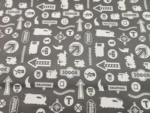 Thomas & Friends Trains Charcoal Fabric Signs Tracks Logo Full Steam Ahead BTY - Picture 1 of 4