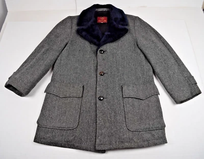 Casaco de carro vintage tamanho 40 anos 60 Anderson pequeno cinza lã tweed gola de pele sintética - Imagem 1 de 4