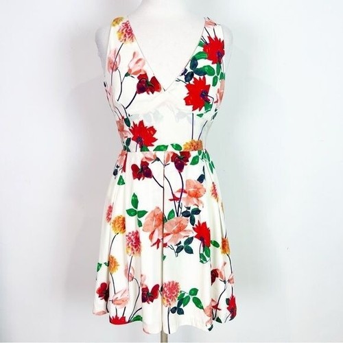OFF WHITE BB DAKOTA ABITO SMANICATO BIANCO SPORCO MULTICOLORE FLOREALE ADERENTE E SVASATO DONNA TG 4