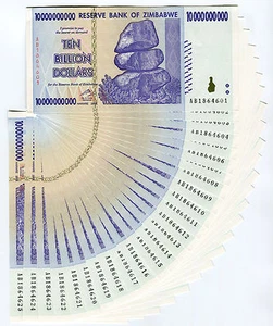 Zimbabwe 10 Billion Dollars x 25 pcs 2008 P85 consecutive UNC currency bills - Picture 1 of 2