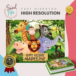 Jungle Safari Animals Personalsied Rectangle Edible Birthday Cake Topper - Picture 1 of 7