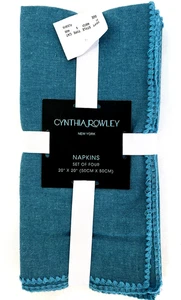 Cynthia Rowley Napkins (4) Blue Turquoise Teal Stitched Edging Cotton 20x20 New - Picture 1 of 4