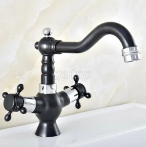 Chrome Black Brass Cross Handle Swivel Bathroom Sink Wash Basin Mixer Tap Faucet - Picture 1 of 8