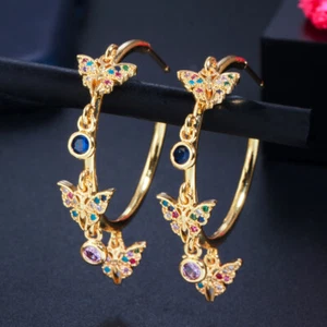 Pendientes de aro de mariposa multicolores circonios redondos grandes para mujer joyería única - Imagen 1 de 12