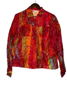 Erin London Vibrant Red Floral Sheer Ethereal Blouse Mature Women L Art To Wear - Picture 1 of 8