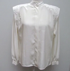 Cream White Silky Blouse Leatherette Wing Shoulders Vintage Suzelle Size 6 - Picture 1 of 16