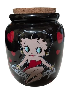 Betty Boop Ceramic Candy/Cookie Jar Cork Lid Black With Red Hearts 2013 ❤️ - Picture 1 of 4