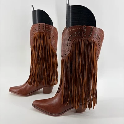 Botas de Vaquero del Oeste Marrón Sin Marca Flecos Tachonadas Punta Tacón Bloque Talla 8 Foto 1 de 4