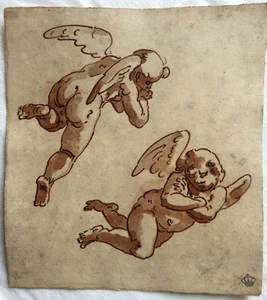 OLD MASTER, ORIGINAL INK DRAWING, PUTTI, HANDMADE PAPER LAID, ITALIAN SCHOOL. - Picture 1 of 10