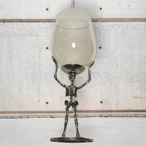 Skeleton Holding Wine Glass Goblet Silvertone Metal Clear Glass Halloween 9.25" - Picture 1 of 8