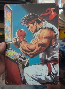 Ryu Playing Street Fighter Arcade Artwork Printed on Sheet Metal Plaque / Sign - Picture 1 of 1