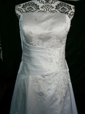 Дизайнерское свадебное платье размер 10 38 атласное кружевное бисер блестящее трапециевидное без бретелек  - Изображение 1 из 4