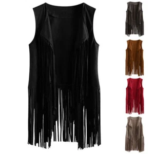 Women Faux Suede Tassels Jacket Western Cowboy Vest Waistcoat Coat Sleeveless - Picture 1 of 13