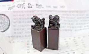 Vintage Carved Chinese Foo Dog Soapstone Ink Stamp with Wooden Box - Picture 1 of 9