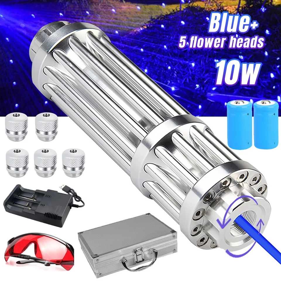 10W Blue Burning Laser Pointer 450-n-m Adjustable Visible Beam Dot Light 5 Heads - Image 1 of 4