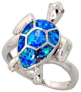 Fine Women Silver Rhodium Plated Simulated Opal Inlay Sea Turtle Ring 22mm - Picture 1 of 2