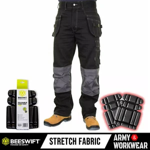 Mens Stretch Work Trouser Cordura KNEE Pad Pockets Pants Black - FREE KNEE PADS - Picture 1 of 7