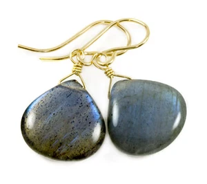 Labradorite Earrings Natural Blue Smooth Simple Teardrops 14k Gold Sterling Drop - Picture 1 of 12
