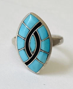 VINTAGE ZUNI SIGNED STERLING SILVER TURQUOISE HUMMINGBIRD RING SIZE 6.5 - Picture 1 of 12