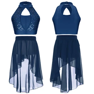 Kids Girls Dress Rhinestone Crop Top With Skirt Modern Leotard Sleeveless Mesh - Picture 1 of 29