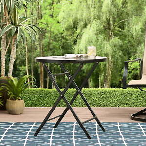 26" Square Outdoor Glass and Steel Round Bistro Folding Table Patio Garden Black