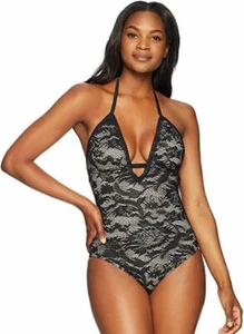 NUEVO CON ETIQUETAS TRAJE DE BAÑO PARA MUJER AZUL COSTERO GANCHILLO ÉBANO CUELLO EN V UNA PIEZA TALLA L - Imagen 1 de 2