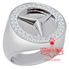 Mens 10K White Gold Over Genuine Silver Benz Luxury Car Logo Diamond Ring Band