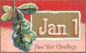 Neujahrsgrüße Eichenlaub & Eicheln 1. Januar Schnee 1911 Postkarte geprägt - Bild 1 von 2