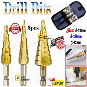 3-teilig 3/4-12/20 mm groß HSS Stahl Stufenkegelbohrer Titan Bit Set Lochschneider UK - Bild 1 von 24