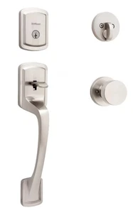Kwikset "Praga" Maniglia Tonda Pismo Pomello Porta e Catenaccio Chiave Nichel Satinato - Foto 1 di 5