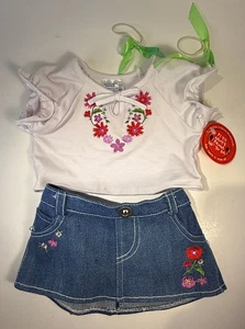 vtg Y2K Build A Bear Outfit Embroidered Shirt Denim Skirt Green Bows nwt - Picture 1 of 4