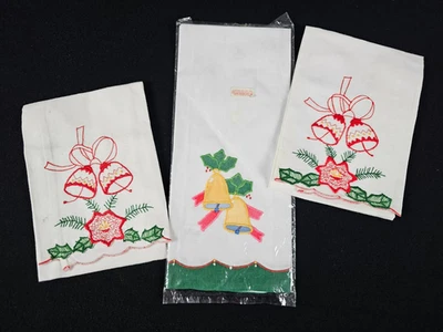 3 Hand Geschirr Gästetücher Weihnachtsglocken bestickt Applikation Vintage - Bild 1 von 4