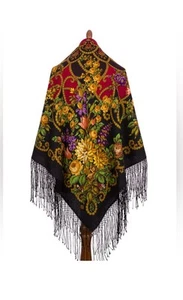 Wool Floral Shawl with Fringe – Black & Multicolor – Boho Roses - Picture 1 of 14