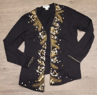 Cardigã Jack B lantejoulas rápidas preto e dourado novo com etiquetas feminino grande frisado varejo $50 - Imagem 1 de 4