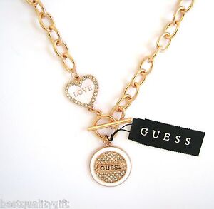 GUESS WHITE+ROSE GOLD TONE "LOVE" CRYSTAL HEART+ROUND PENDANT TOGGLE NECKLACE