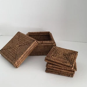 Rattan Wicker Set of 6 Square Coasters in Box Brown Boho 4x4 Unbranded EUC - Picture 1 of 16