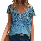 Womens V Neck Floral Short Sleeve Tops T-shirt Ladies Casual Blouse Size S-2XL