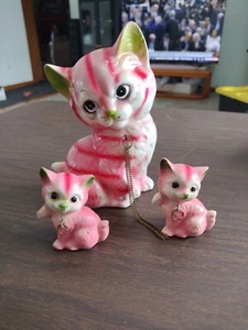 Vintage Kitsch blaue Mama Katze mit Kätzchen Brinns Made in Japan mit Ketten - Bild 1 von 16