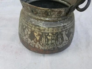 Antiguo caldero de hojalata grabado en cobre de Oriente Medio - Imagen 1 de 13