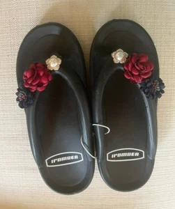 NWT Boutique Brand IPOMOEA black Size S embellished w/flowers & stones flip flop - Picture 1 of 4