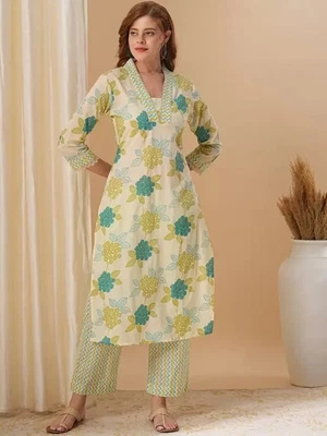 Conjunto Kurta estampado floral para mujer diseñador indio ropa informal Kurti con conjunto de pantalón Foto 1 de 4
