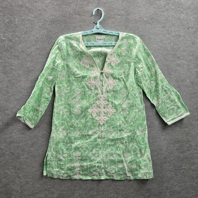 Blusa Charter Club Mujer S Verde Lino Geométrica Túnica Bordada Foto 1 de 4