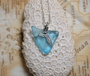 Aqua Blue Sea Glass Style Florida Necklace and Earring Set Handmade Wire Wrapped - Picture 1 of 3
