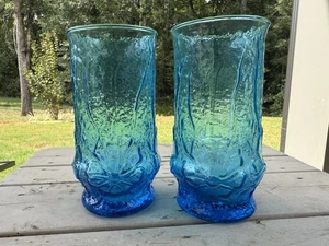 Vintage Set 2 Anchor Hocking Aqua Blue Glass RAINFLOWER Iced Tea Tumblers 70’s - Picture 1 of 7