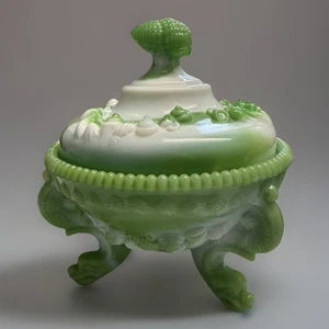 Westmoreland Argonaut Shell Green White Slag Glass Covered Compote Dragon Feet - Picture 1 of 8