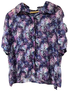 Givoni Women Sz 14 Blouse Abstract Print Short Bell Sleeves Purple Sheer - Picture 1 of 6