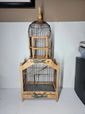 Vintage Wood And Wire Bird Cage Hand Crafted & Hand Painted - Spring Loaded Door Cover