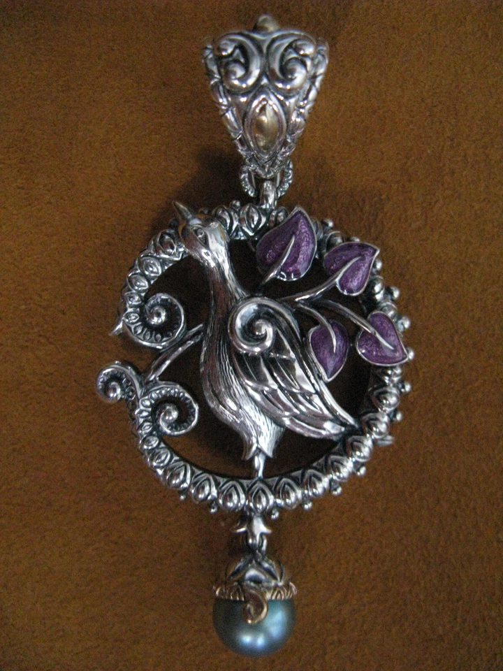 ENHANCER BARBARA BIXBY BIRD PENDANT ENAMEL LEAVES GEMSTONE PEARL Gift Designer - Image 1 of 1